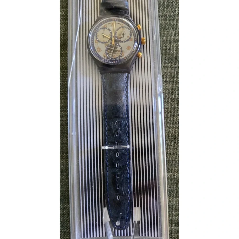 Swatch Chrono Grand Prix SCB109 Vintage Blue Leather Swiss Quartz Watch NEW